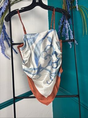 Silk-Feel Blue Floral Scarf Tank Top - Rust Trim cute dressy top